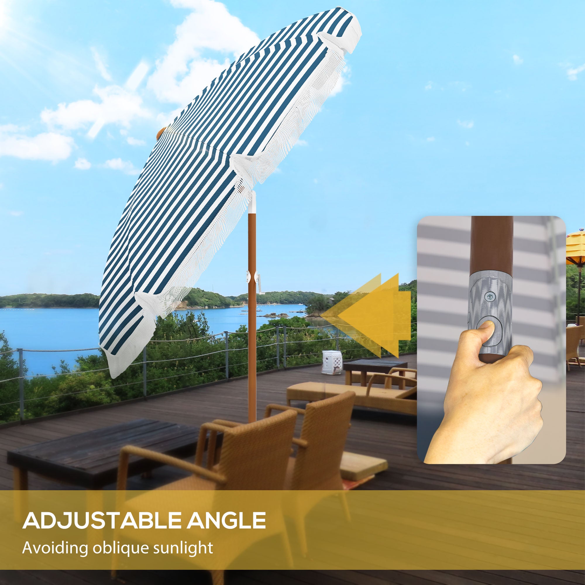 7 x 7 ft Outdoor Umbrella with Tilt, Vent, Patio Market Table Umbrella Parasol with Fringed Ruffles and Flounce, Blue