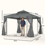 118" x 118" Steel Outdoor Patio Gazebo Canopy with Removable Mesh Curtains, Display Shelves, & Steel Frame, Gray
