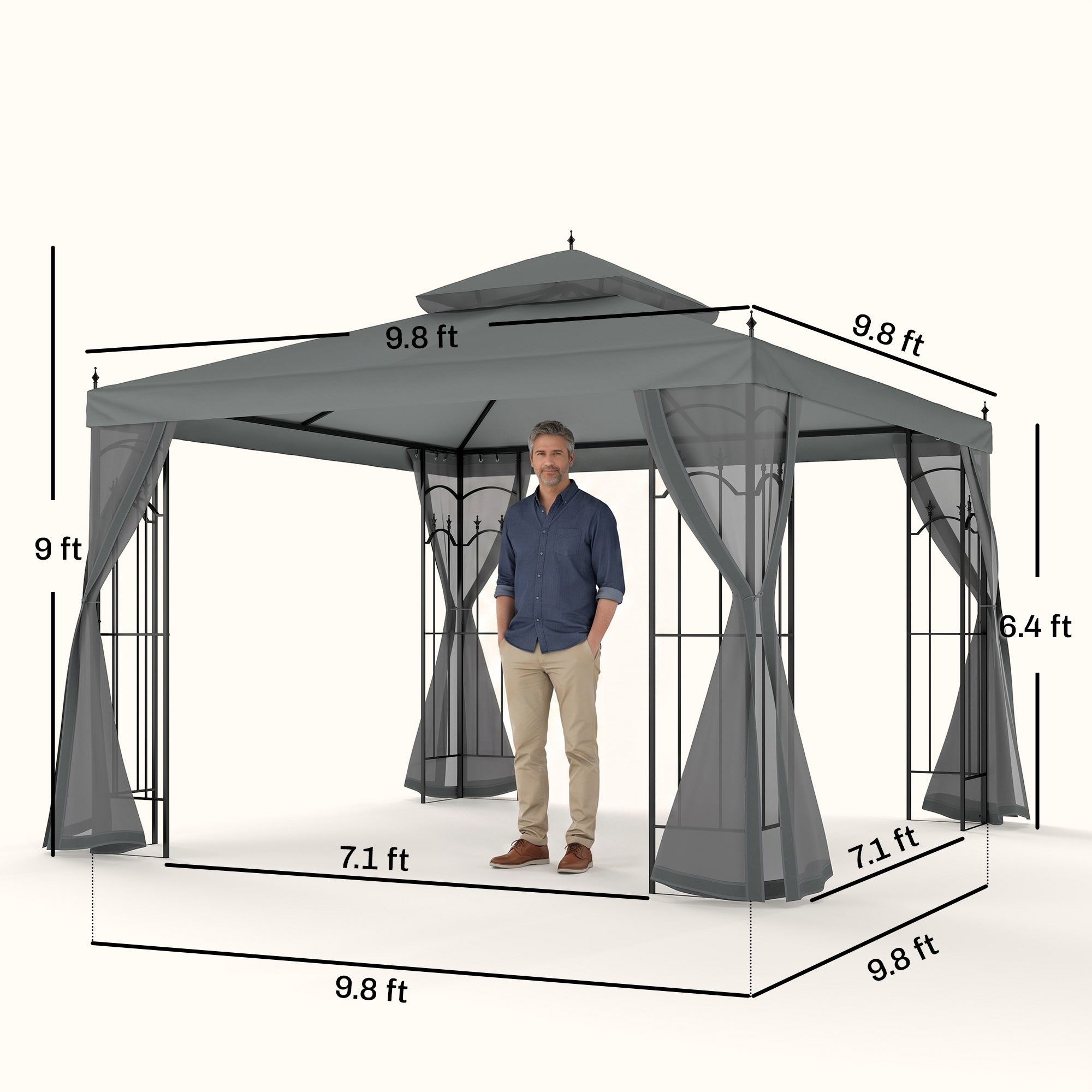 118" x 118" Steel Outdoor Patio Gazebo Canopy with Removable Mesh Curtains, Display Shelves, & Steel Frame, Gray