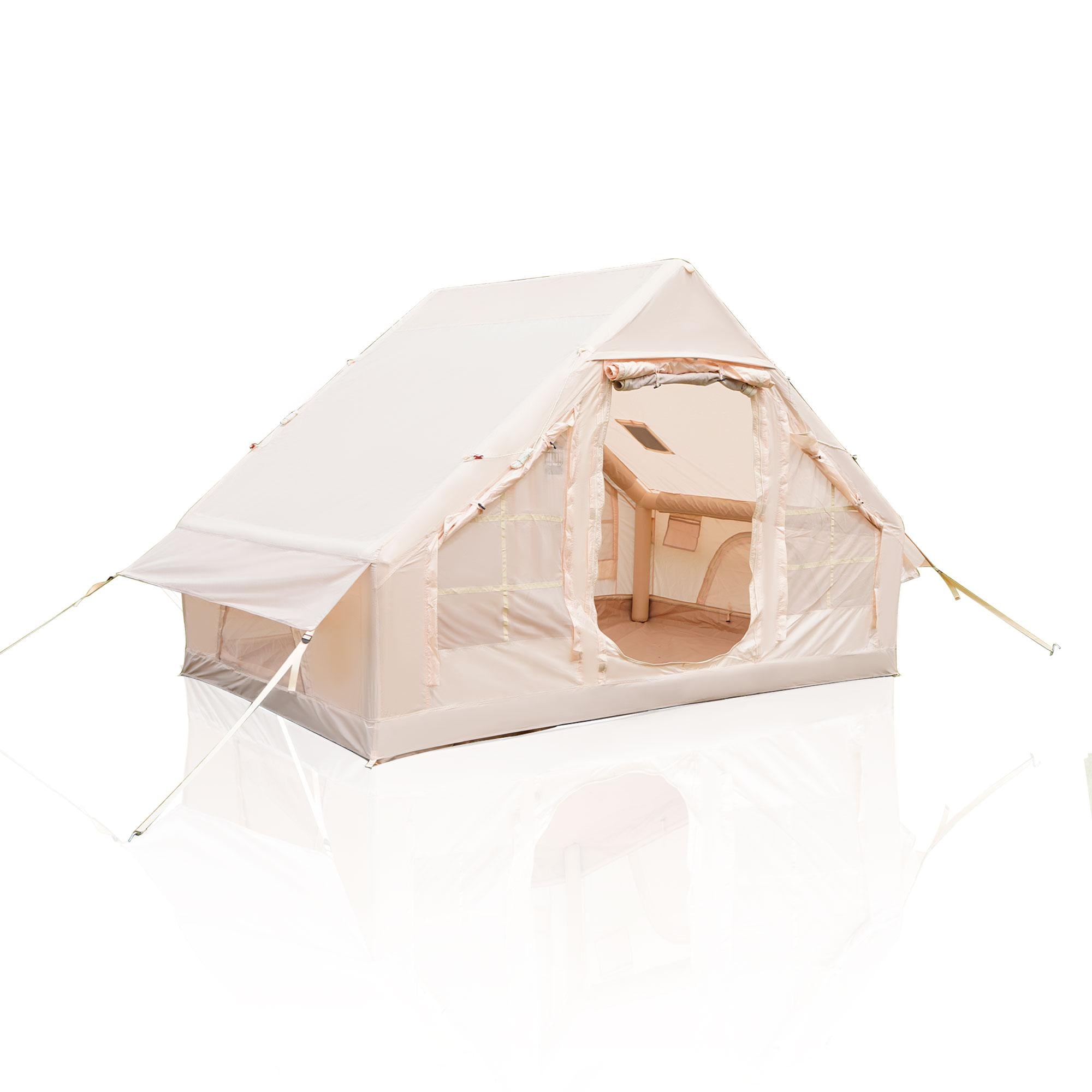 Waterproof Camping Tent with 3-5 Minute Hand Pump Setup, Sturdy Family Tent with Chimney Window, 118″ L x 82.5″ W x 78.5″ H, Beige