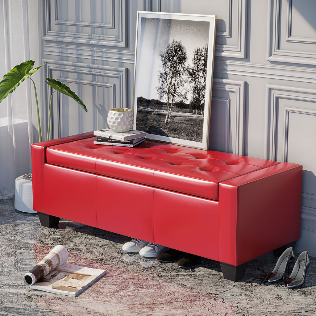 50.5" Faux Leather Rectangular Tufted Storage Ottoman, Bright Red