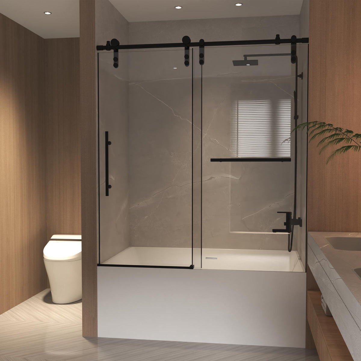 Sliding Bathtub Door with Waterproof Seals and Tempered Glass, Bathroom Door with Towel Bar Handle, 60" L x 0.5" W x 66" H, Matte Black