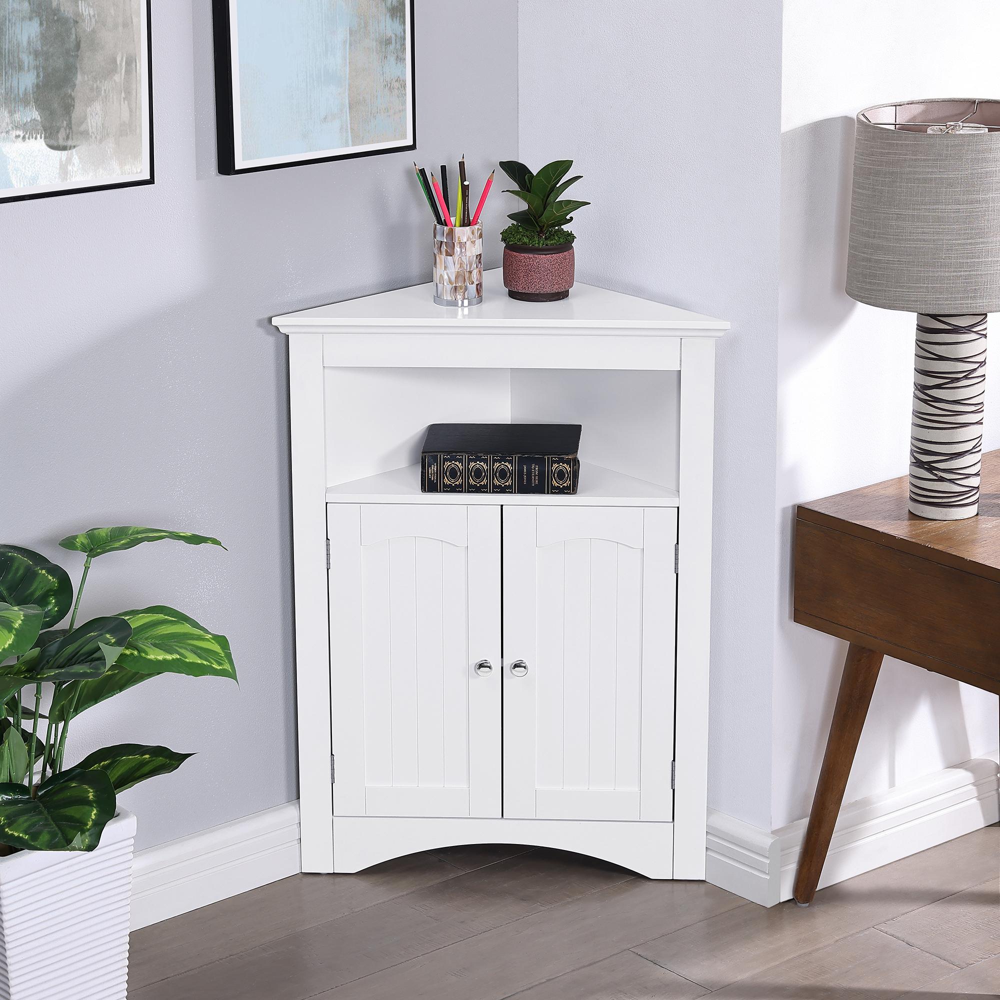 Bathroom Corner Storage Cabinet with Doors and Adjustable Shelves, Free-Standing Sideboard for Compact Room, 24" L x 12" W x 32.5" H, White