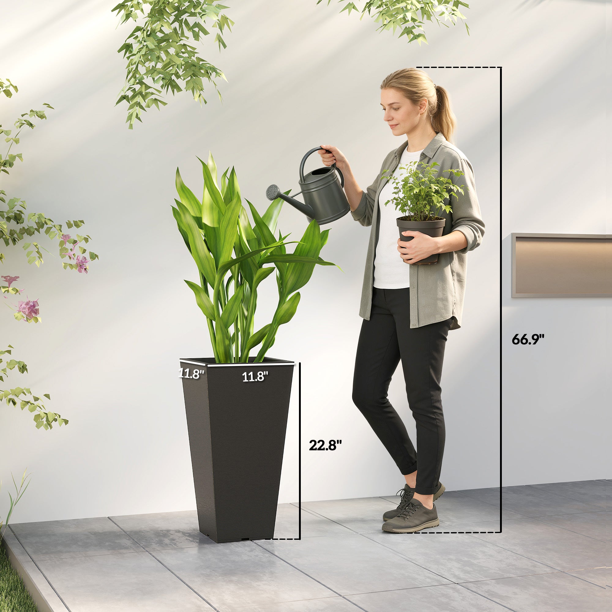 23 Inch Tall Planters for Outdoor Plants, Set of 2 Plastic Flower Pots, for Front Door Patio Garden Use, Black