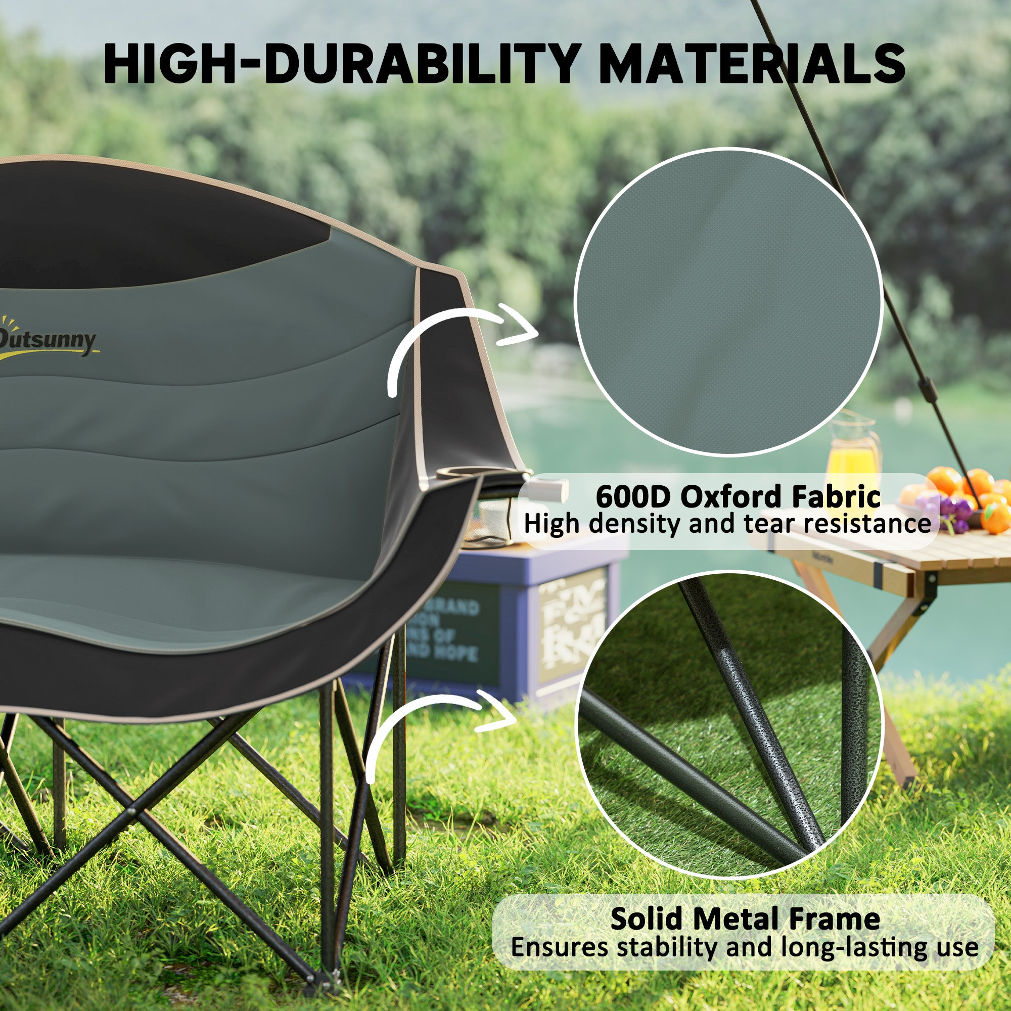 Padded Folding Camp Chair for Adults, Double Camping Chair with Armrests, Cup Holders, Carry Bag for Outdoor, Black