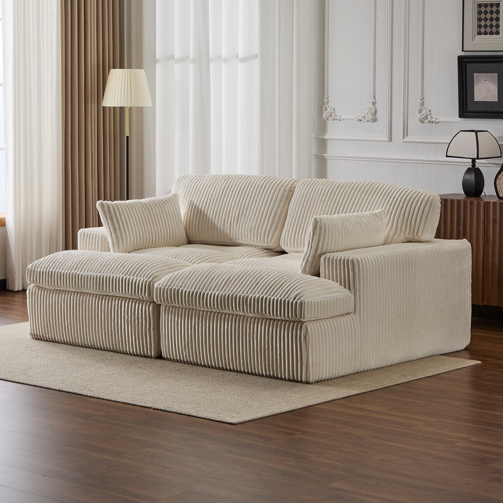 Deep Seat Sofa Double Chaise Lounge Chair with Corduroy Fabric, Compressed Sofa Sectional Loveseat for Apartments, 82.5'' L x 57'' W x 23.5'' H, White