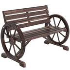 41" Wooden Wagon Wheel Bench, Rustic Outdoor Patio Bench Weather Resistance Furniture, 2-Person Slatted Seat with Backrest, Carbonized