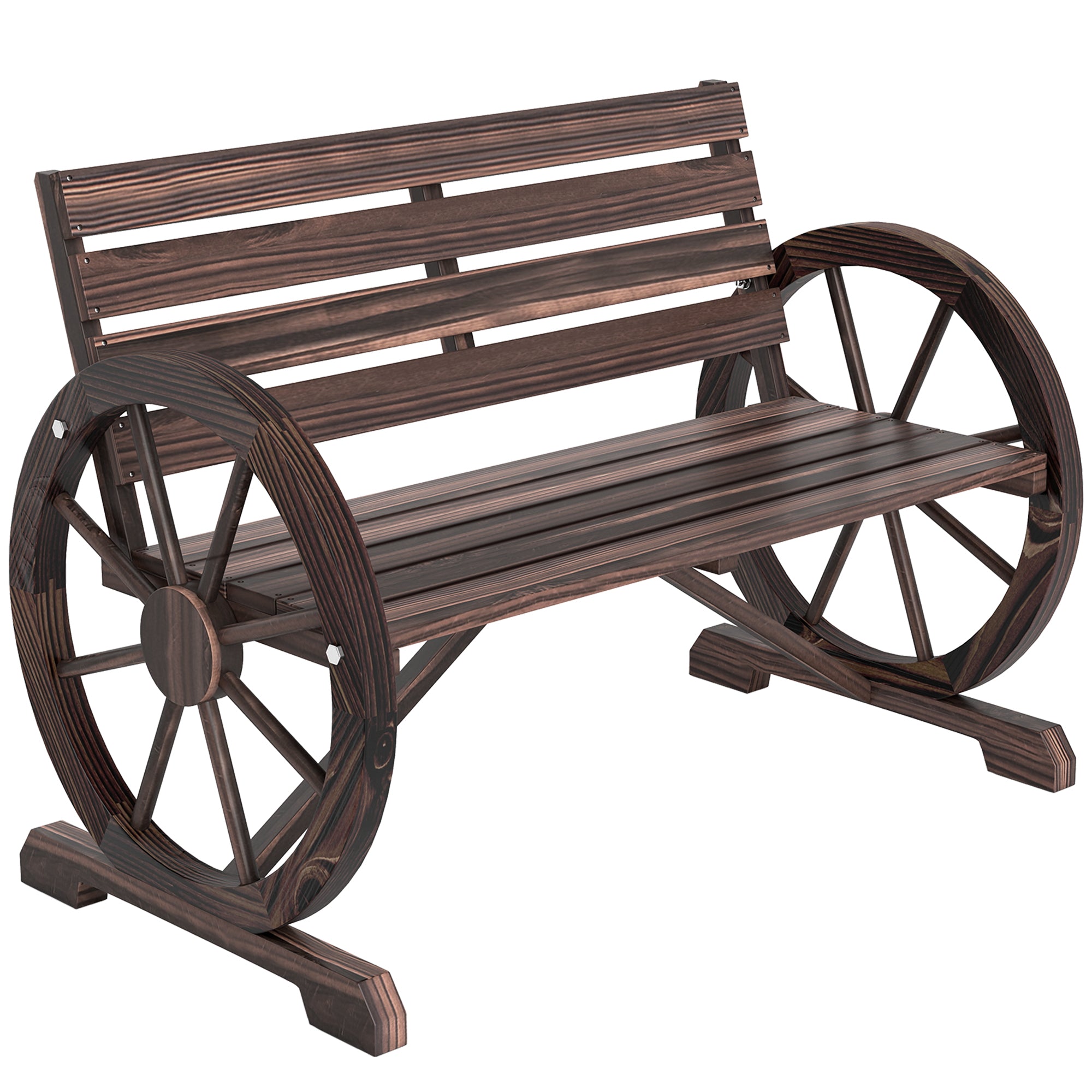41" Wooden Wagon Wheel Bench, Rustic Outdoor Patio Bench Weather Resistance Furniture, 2-Person Slatted Seat with Backrest, Carbonized