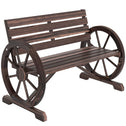 41" Wooden Wagon Wheel Bench, Rustic Outdoor Patio Bench Weather Resistance Furniture, 2-Person Slatted Seat with Backrest, Carbonized