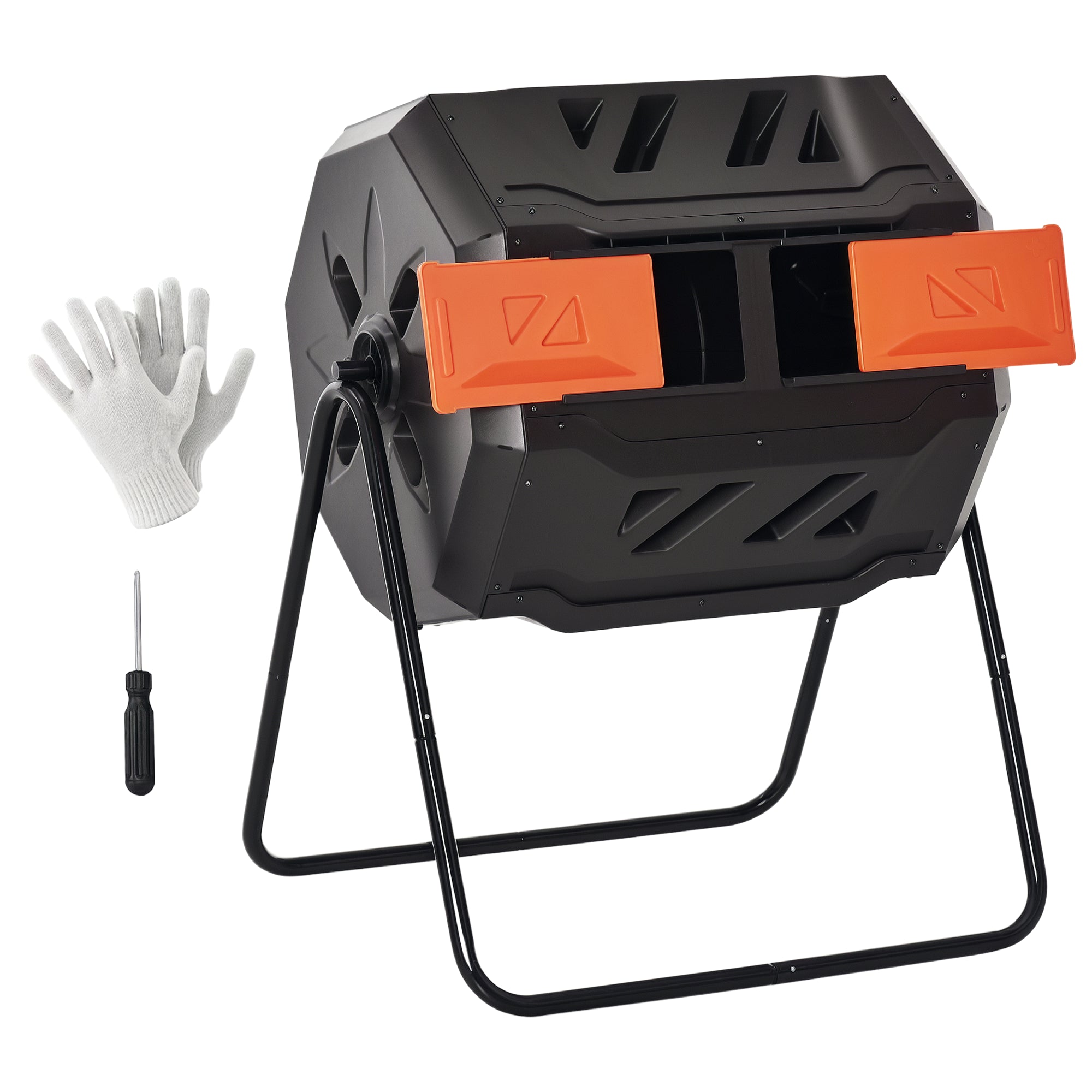 Tumbling Compost Bin Outdoor 360° Dual Chamber Rotating Composter 43 Gallon, Orange