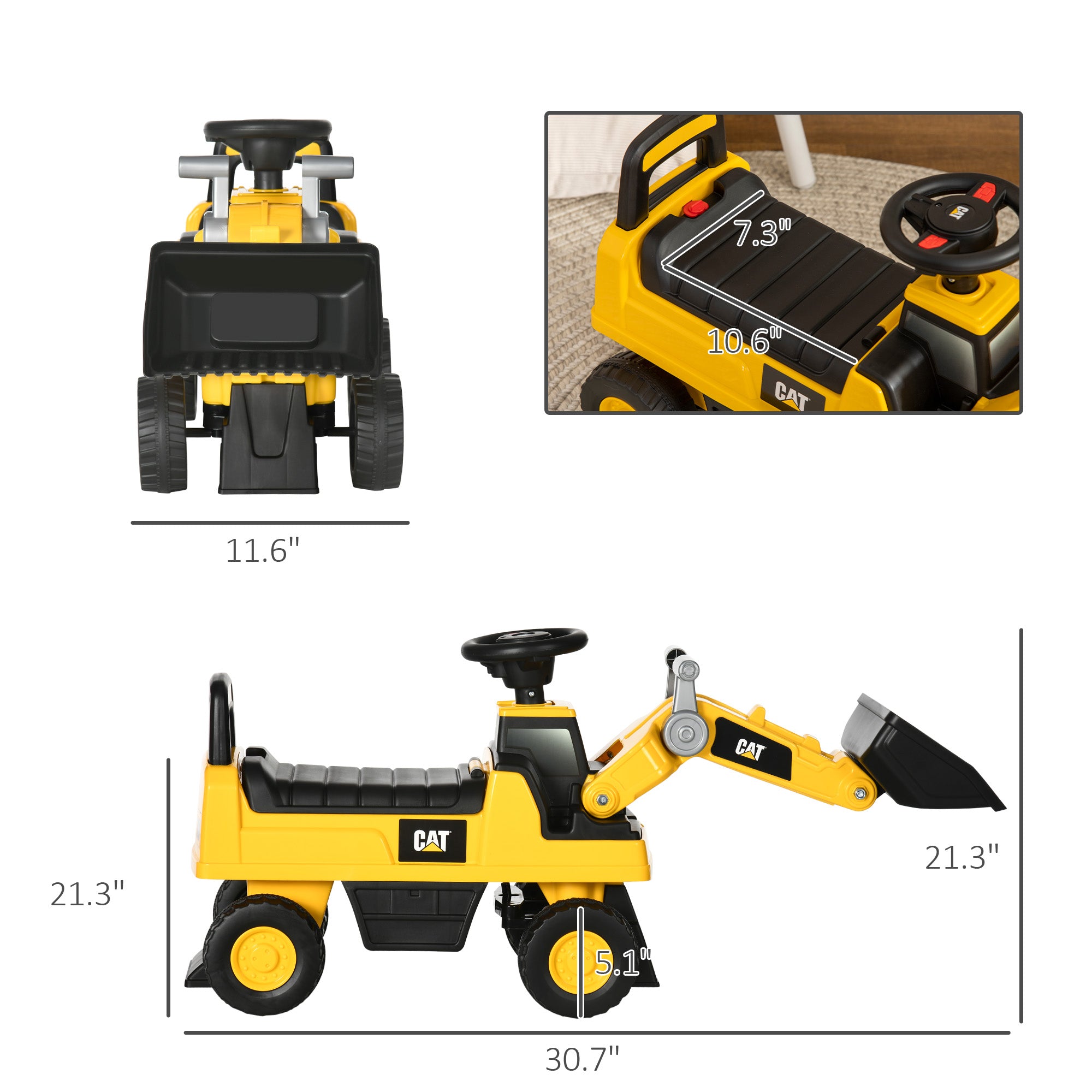 Caterpillar CAT Licensed Kids Ride on Excavator No Power Construction Vehicles with Manual Shovel, Horn, Hidden Storage