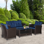 4 Pieces Patio Furniture Sets with Cushions, PE Rattan Wicker Conversation Chairs with Two-Tier Coffee Table for Backyard Porch Garden Poolside and Deck, Blue