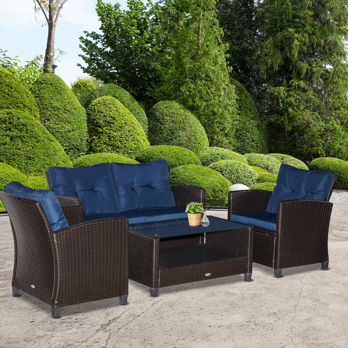 4 Pieces Patio Furniture Sets with Cushions, PE Rattan Wicker Conversation Chairs with Two-Tier Coffee Table for Backyard Porch Garden Poolside and Deck, Blue
