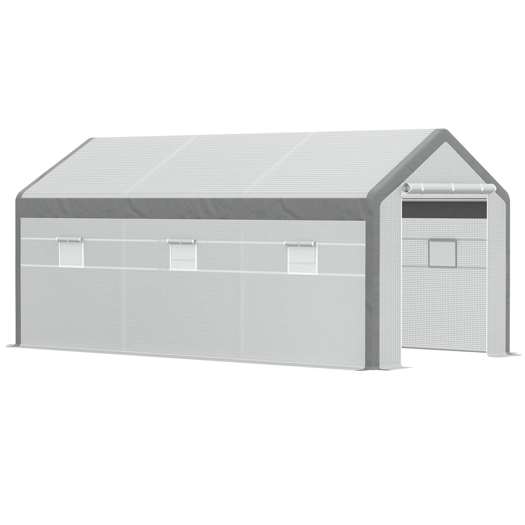 20' x 10' x 9' Walk-in Greenhouse, Outdoor Garden Warm Hot House with 6 Roll-up Windows, 2 Zippered Doors and Weather Cover, White