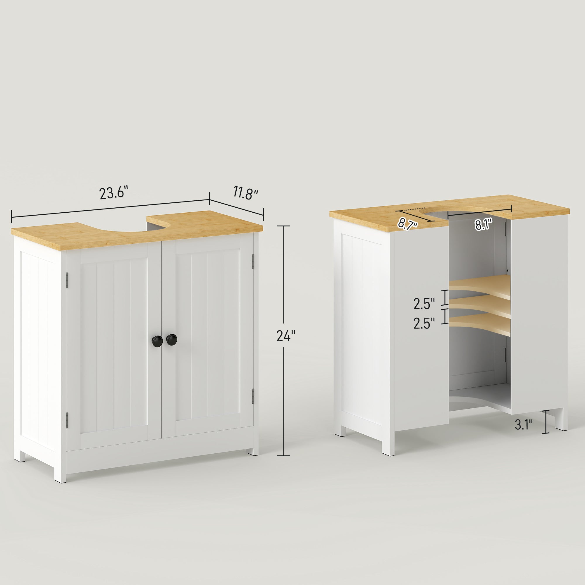 Bathroom Vanities Under Sink Storage Cabinet Cupboard with 2 Doors, 23.5" x 11.75" x 24", White