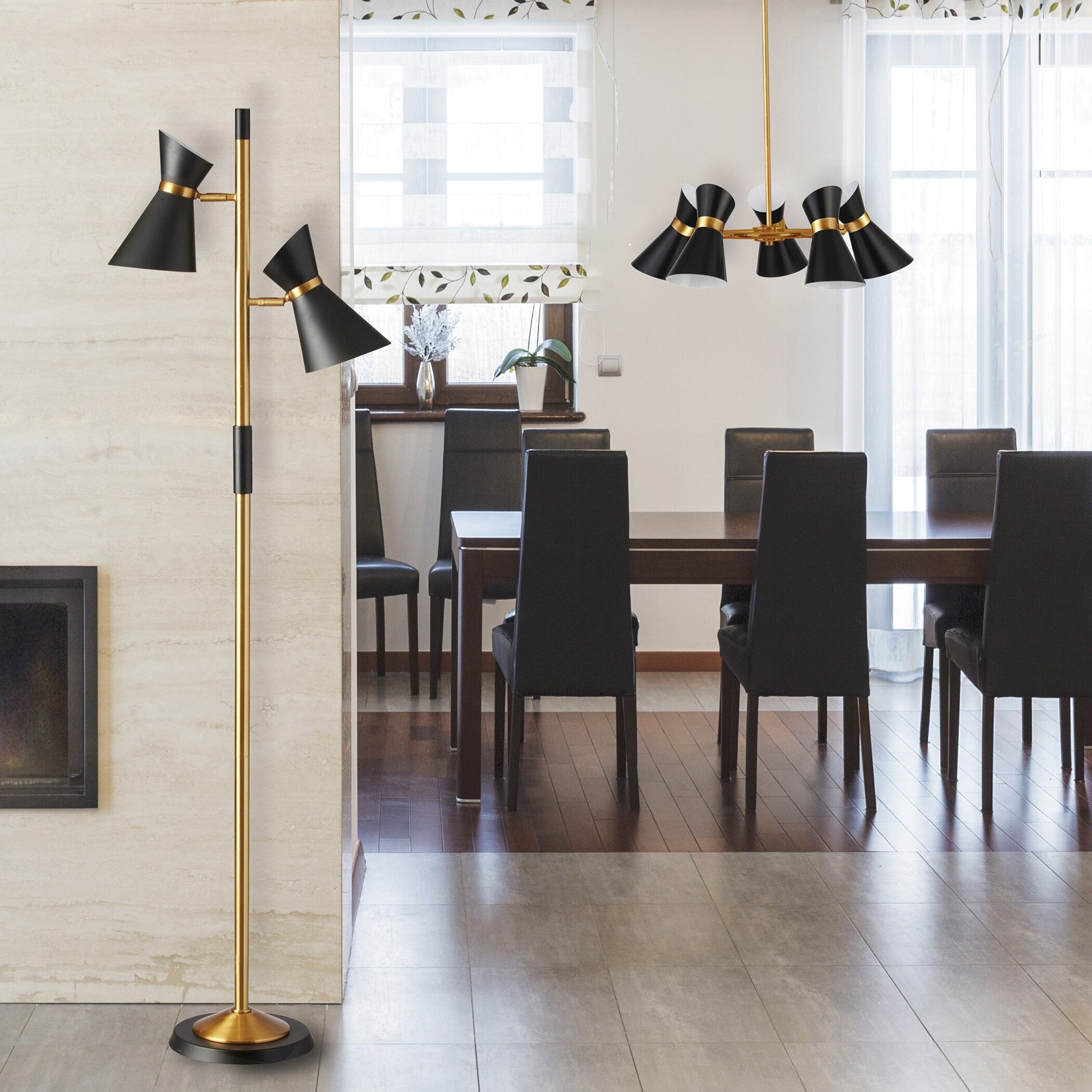 Axis Brassed Gold Floor Lamp with 4-Way Switch, Double Spots, Metal Base, 22" L x 10" W x 62" H, Black+Gold