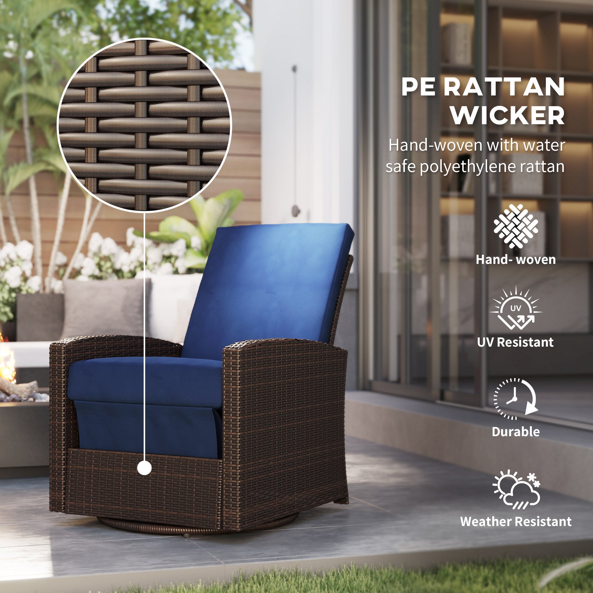 Outdoor Wicker Chair, Reclining Backrest, Lifting Footrest, 360° Rotating Basic, Water Resistant Cushions, Dark Blue