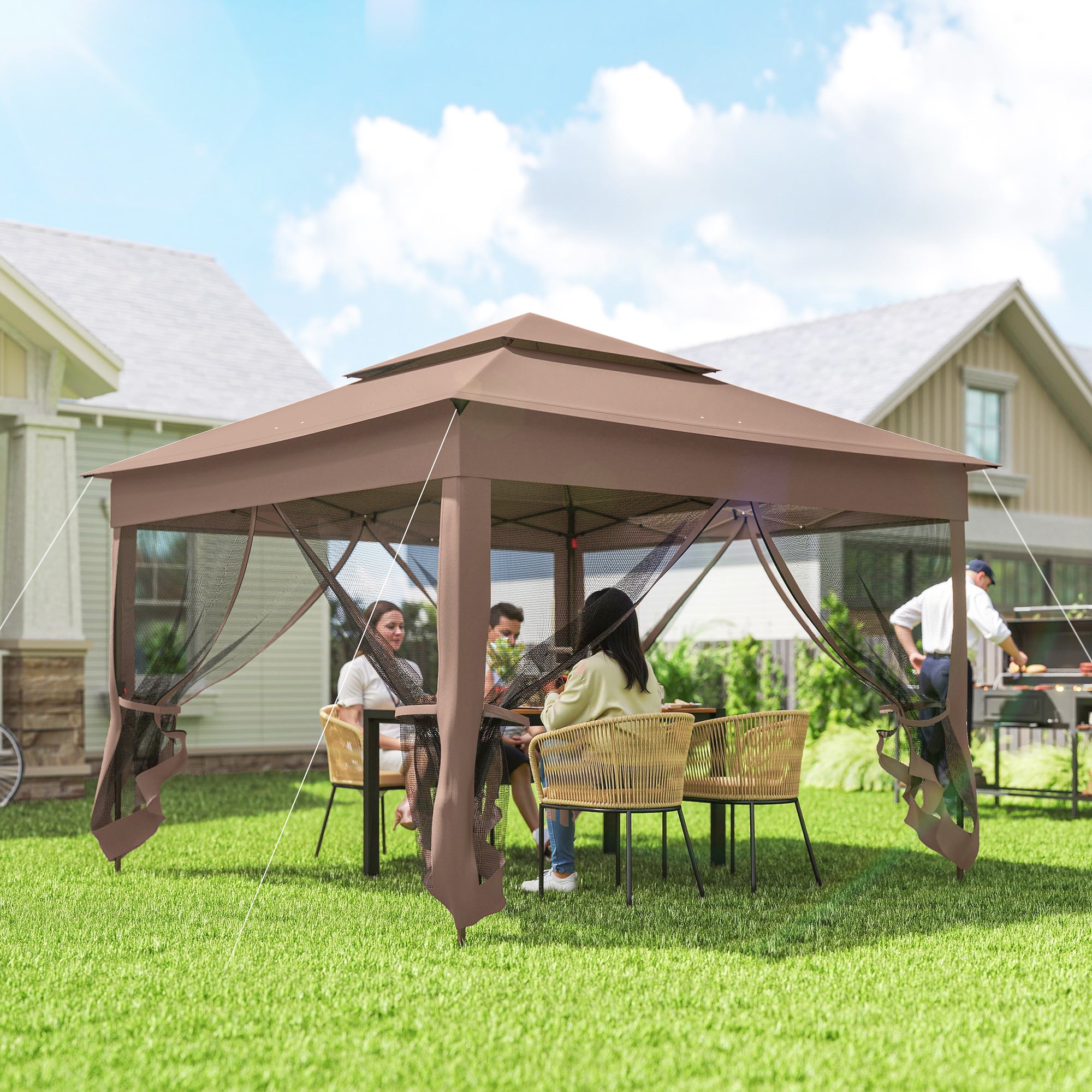 Outdoor Patio Pop Up Canopy Gazebo Shelter with Zipper Netting, Carry Bag, 11' x 11', Brown