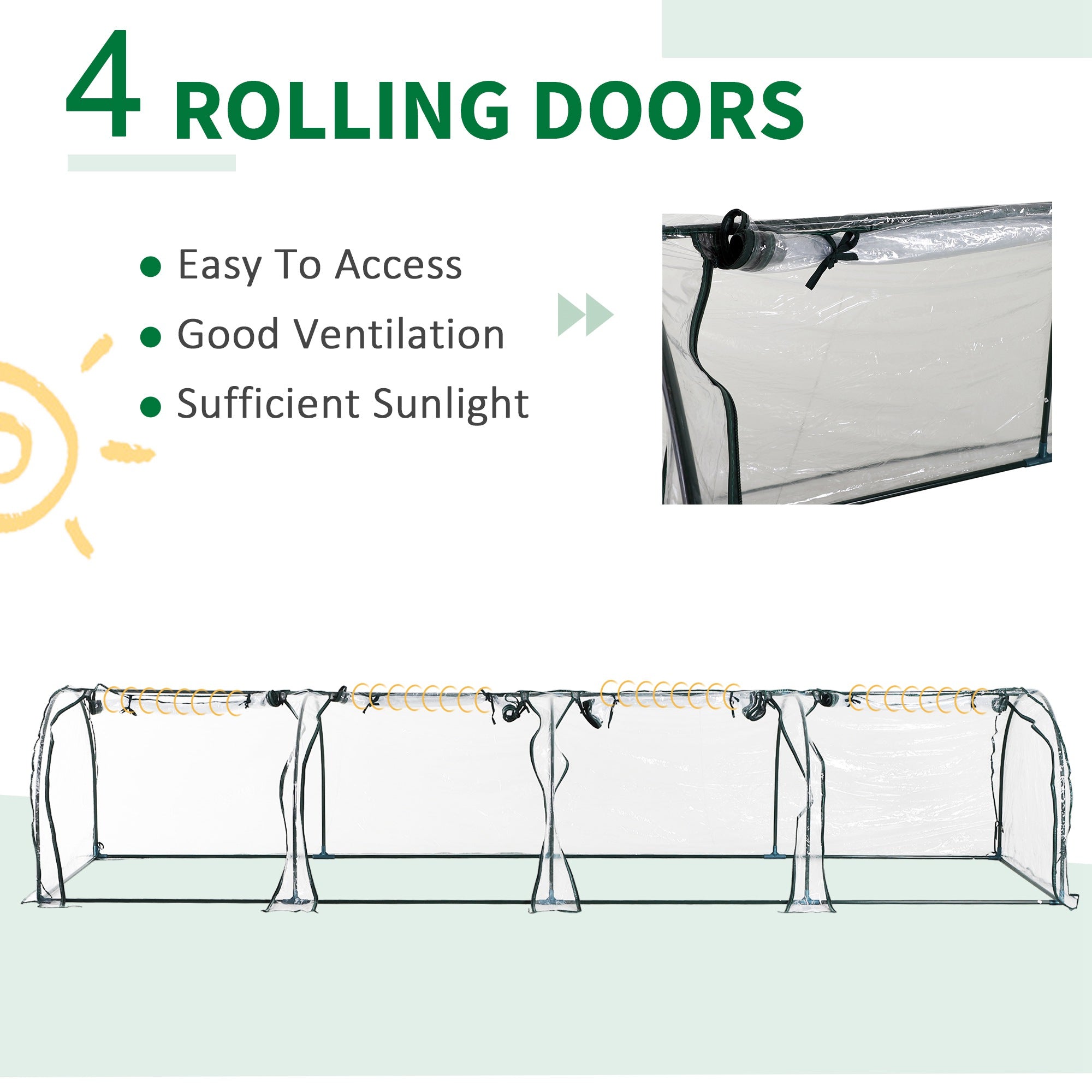 13' L x 3' W x 2.5' H Portable Tunneled Greenhouse with 4 Zippered Doors, Water/UV Fighting PVC Cover, Clear