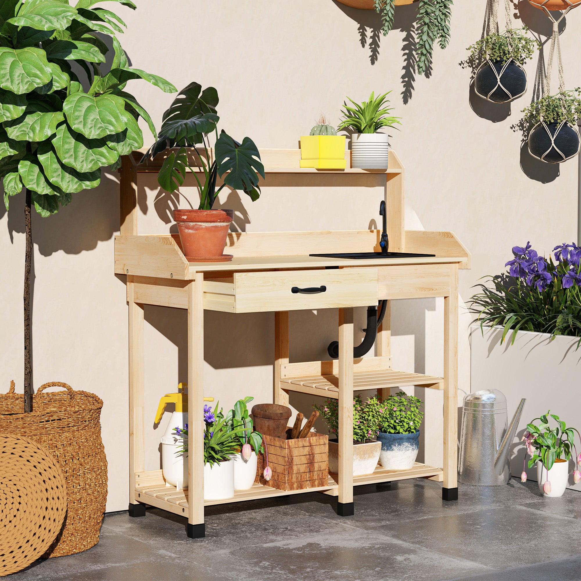Potting Bench Table, Outdoor Garden Table Wooden Work Station with Removable Sink, Faucet, Drawer, Shelves, Hooks, Natural Wood