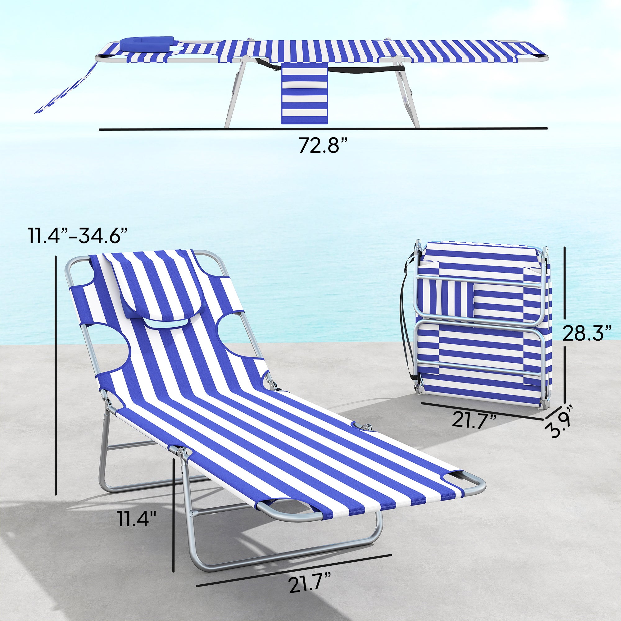 2 Tanning Chairs with Face Hole, 5-Level Adjustable Outdoor Chaise Lounge Chair with Pillow for Beach, Pool, Blue Stripe