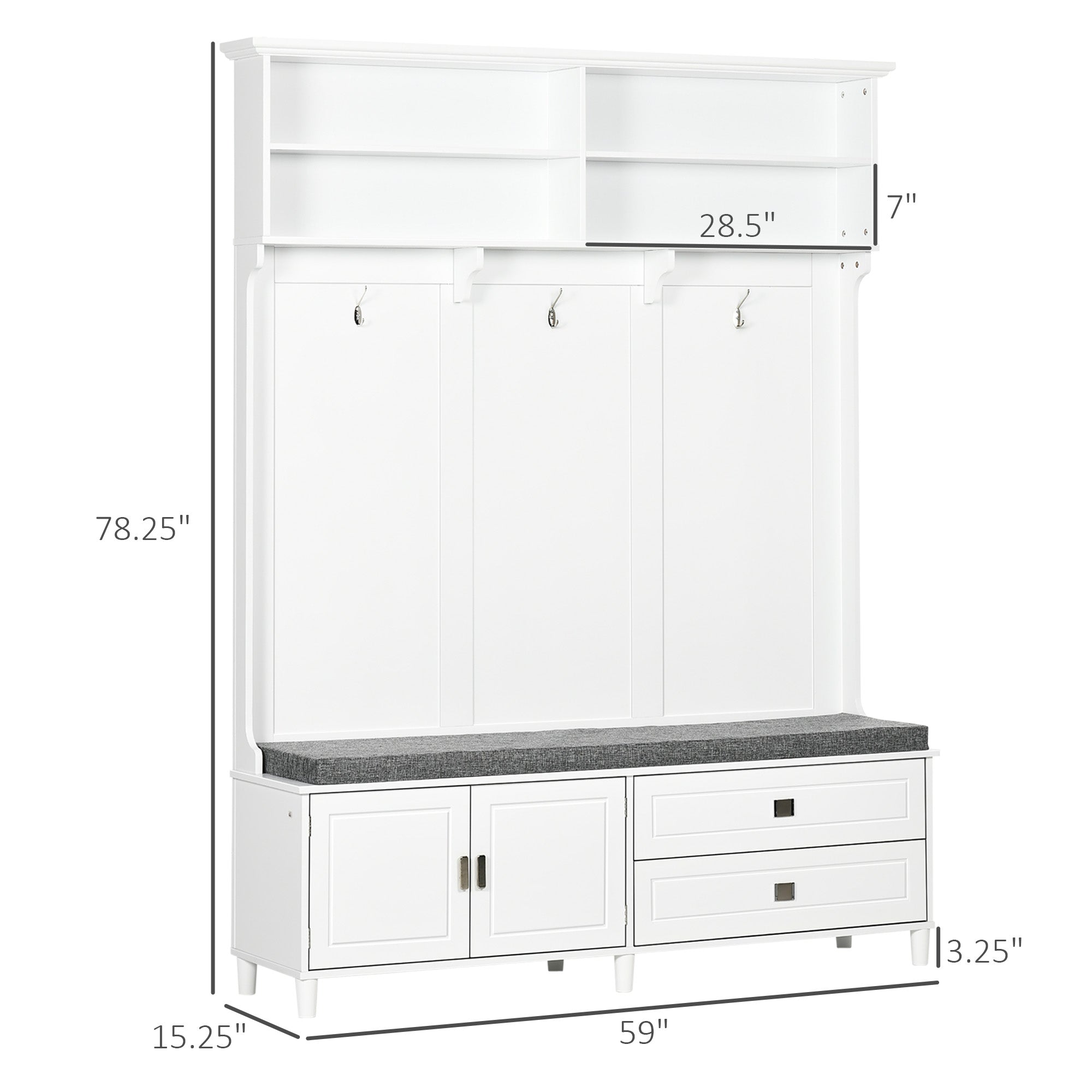 Hall Tree with Storage Bench, Entryway Bench with Coat Rack, Accent Coat Tree with Storage Shelves, White