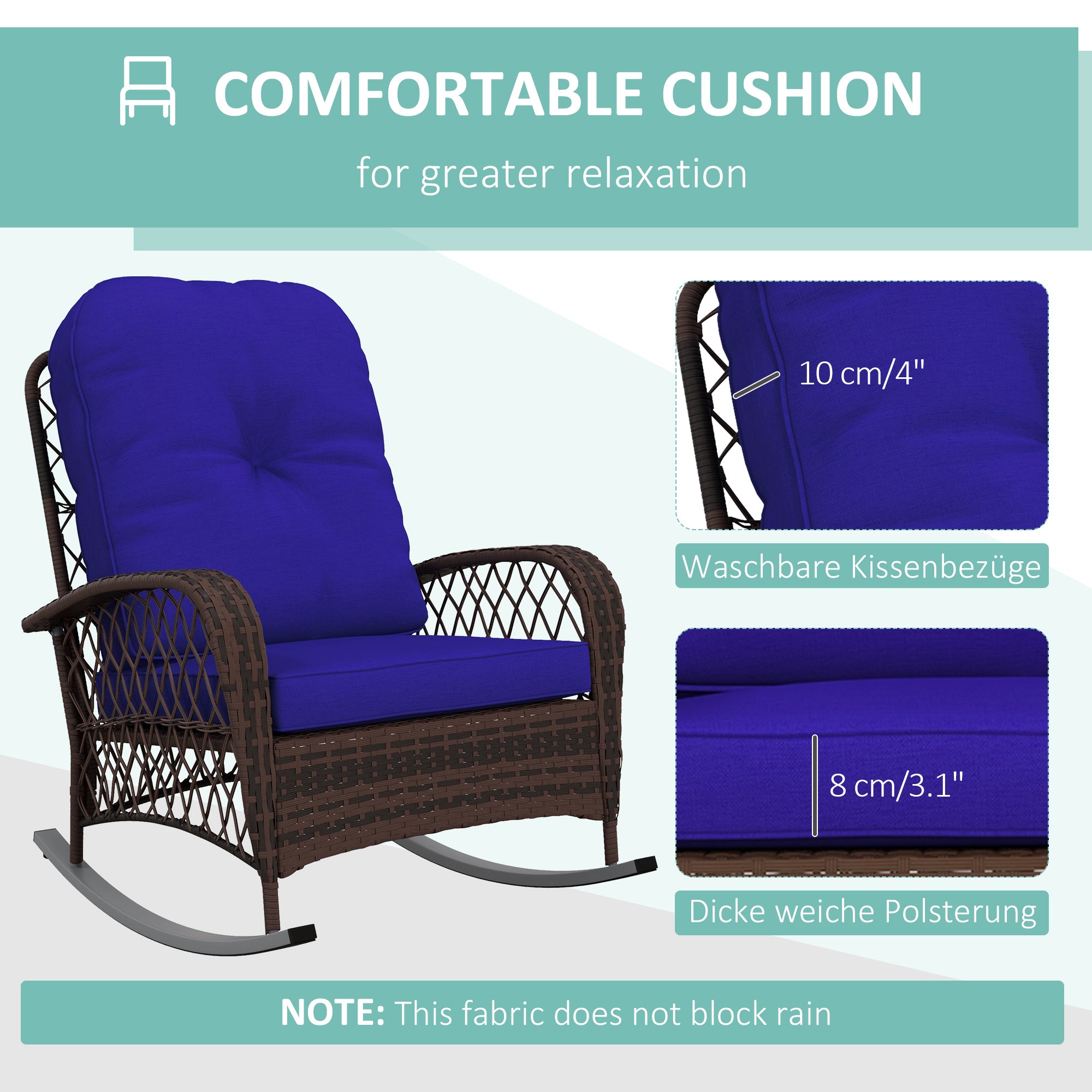 Rattan Porch Rocker w/ Plush Cushion, Dark Blue