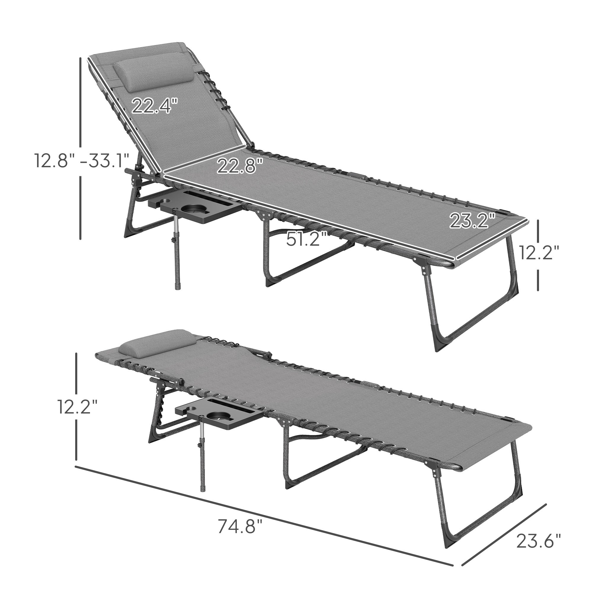 Folding Outdoor Chaise Lounge Chair Tanning Chair with 5-Level Adjustable Back, Side Table, Pillow, Pocket, Gray