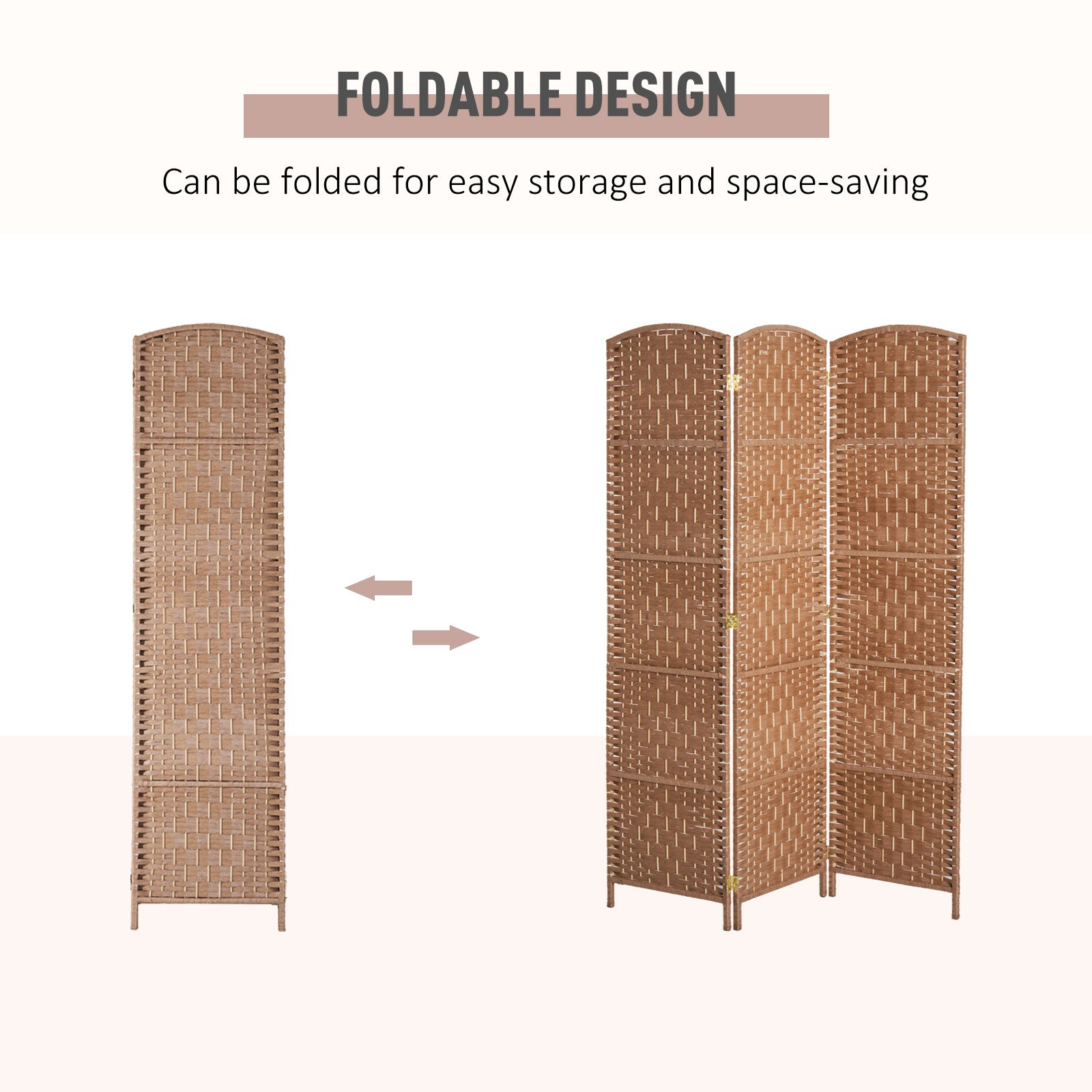 6' Tall Wicker Weave 3 Panel Room Divider Wall Divider, Natural Wood