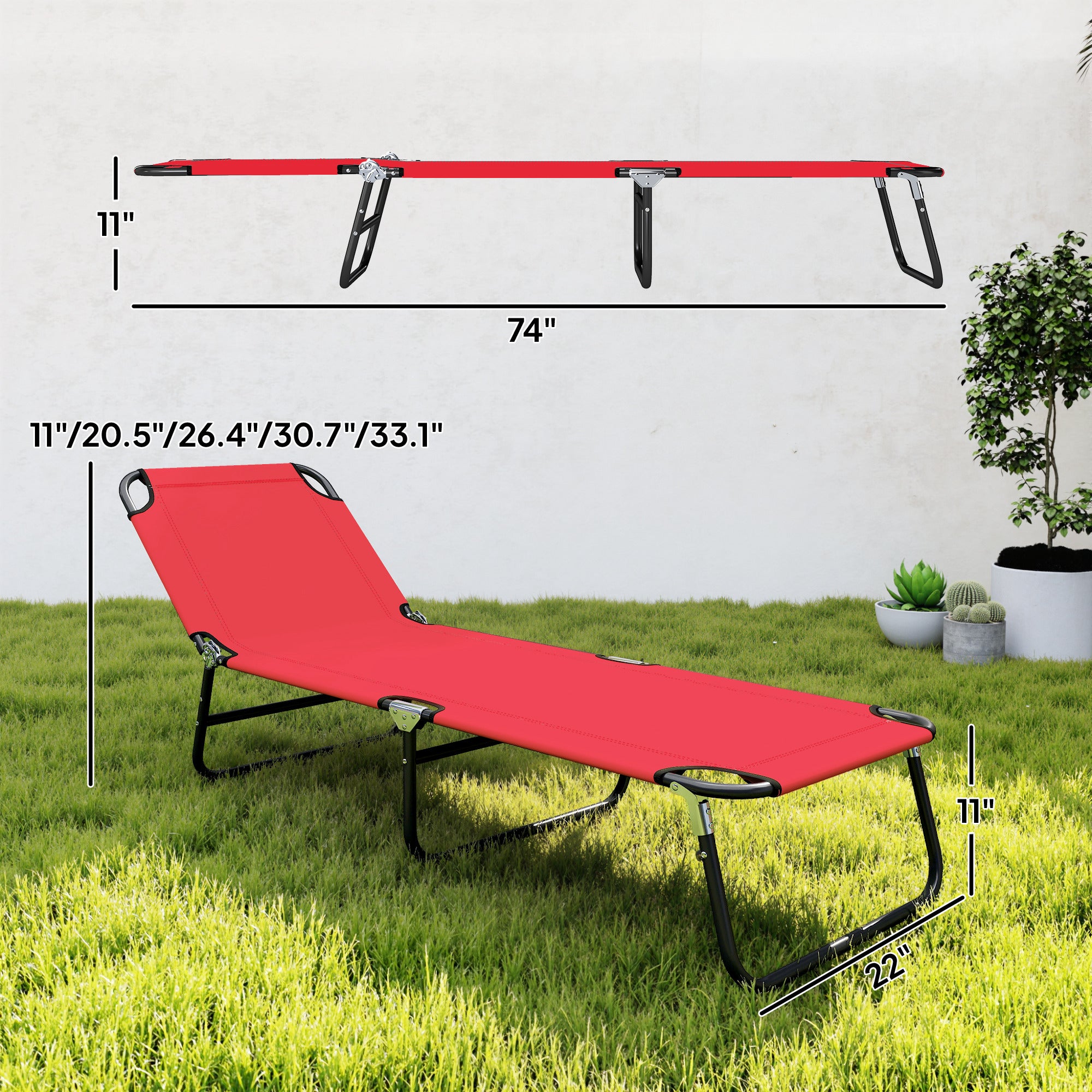 Folding Chaise Lounge Pool Chairs, Outdoor Sun Tanning Chairs with 5-Level Reclining Back, Steel Frame for Beach, Yard, Patio, Red
