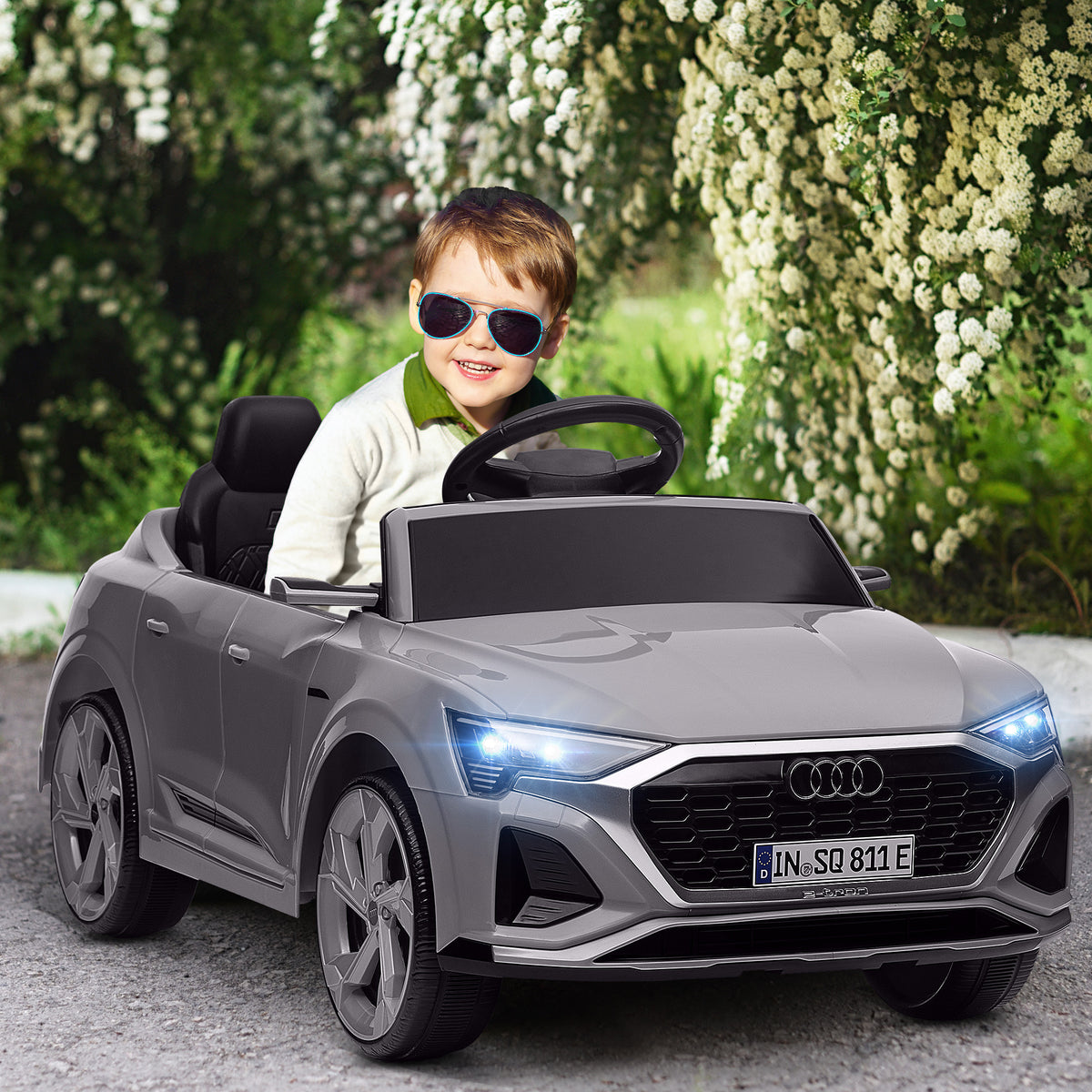 Q8 e-tron Sportback Licensed 12V Battery Powered Kids Electric Car w/ Spring Suspension, Soft Start, Gray