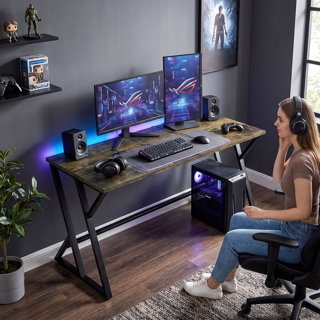 55 Inch Computer Desk, Industrial Writing Desk with Z-Shaped Metal Leg, Study Table for Home Office, Rustic Brown