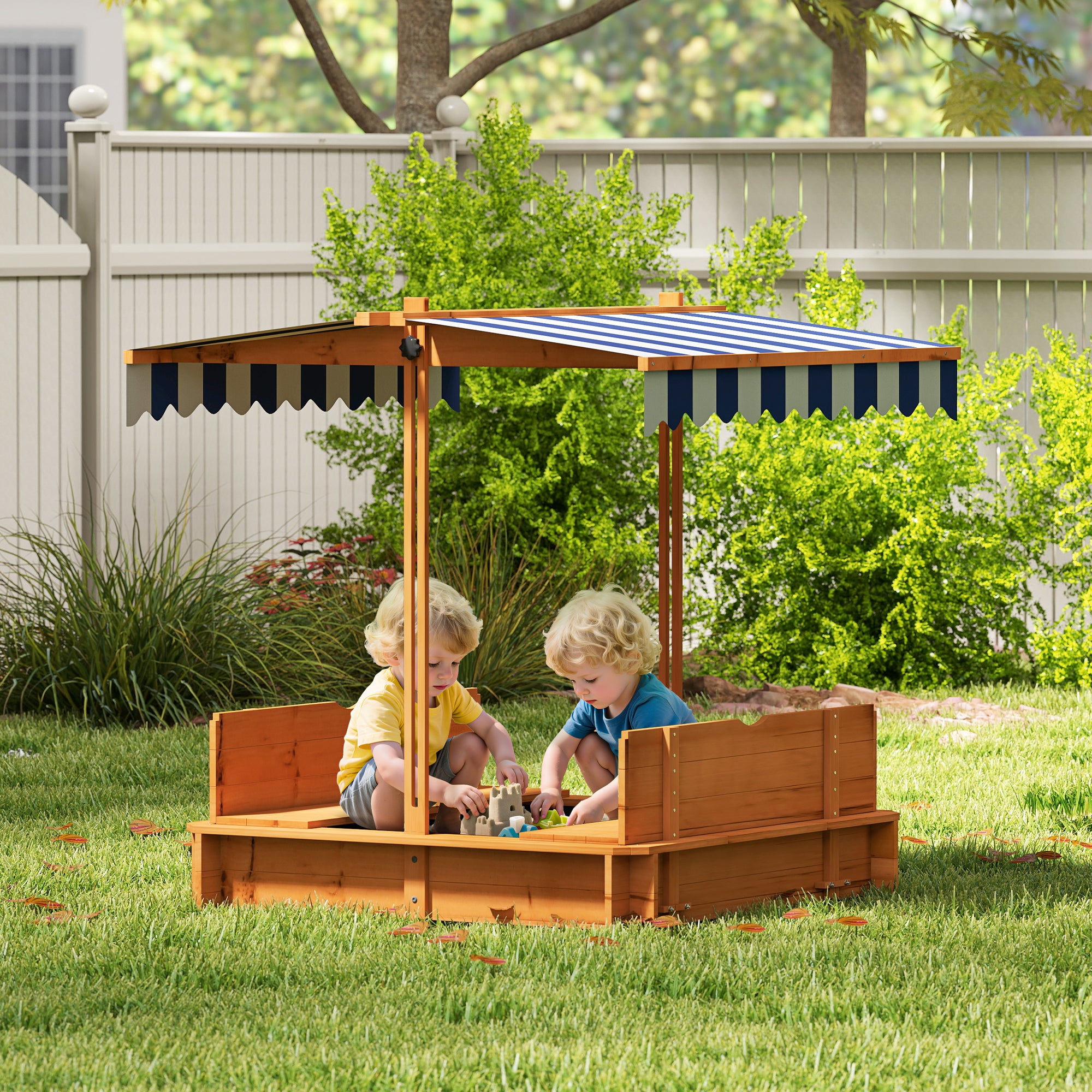Wooden Kids Sandbox with Cover, Children Outdoor Sand Box with Foldable Bench Seats and Adjustable Canopy, Brown