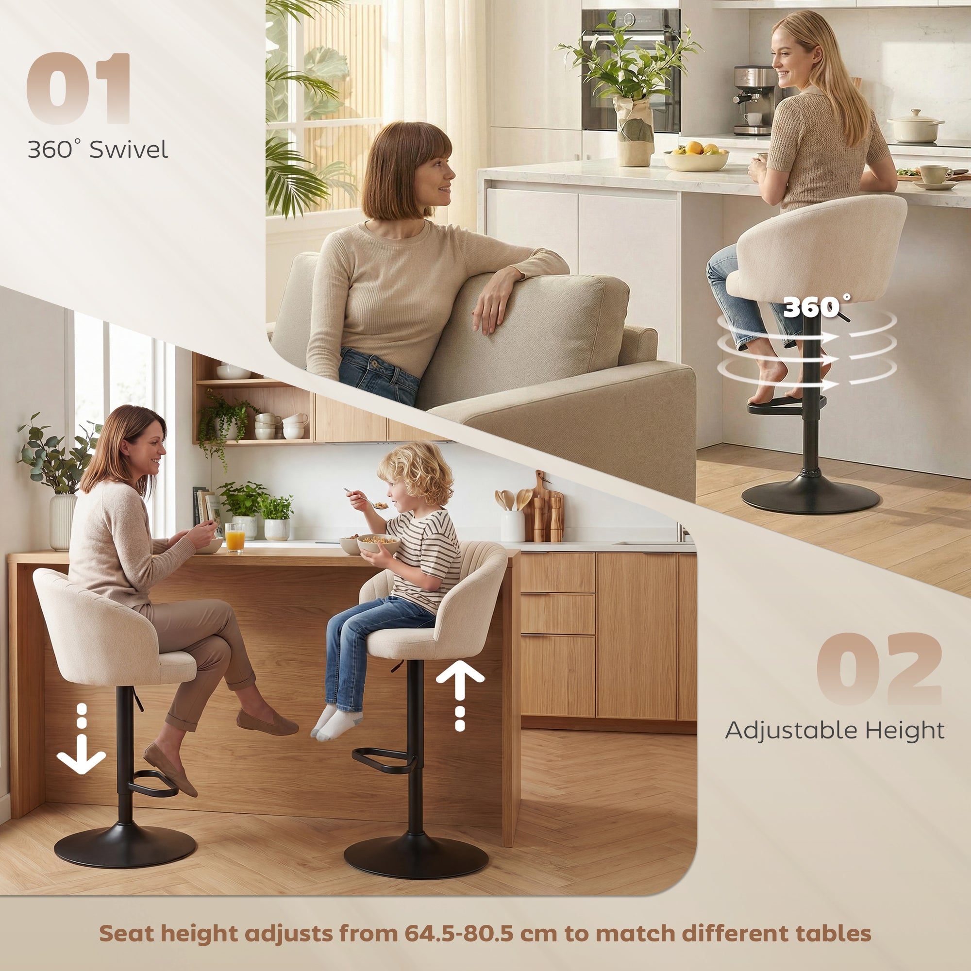 Modern Upholstered Adjustable Barstools with Swivel Seat, Linen Touch Fabric, Steel Frame, Footrest, ‎Beige