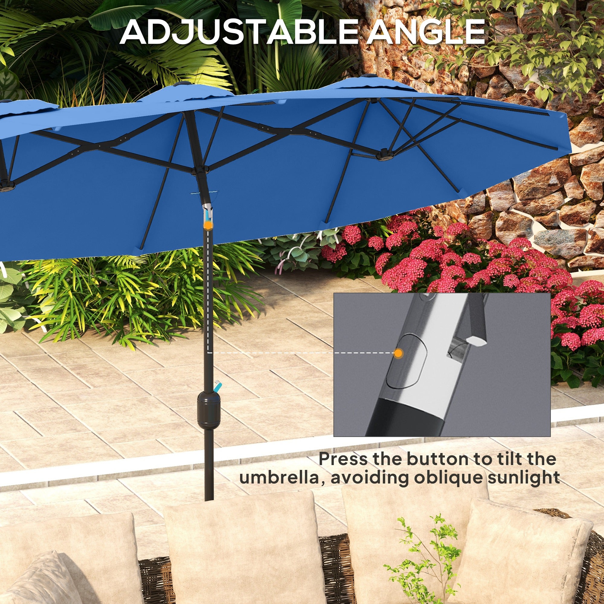Double-sided Patio Umbrella, 9.5' Outdoor Umbrella with Push Button Tilt and Crank, 3 Air Vents and 12 Ribs, Navy Blue
