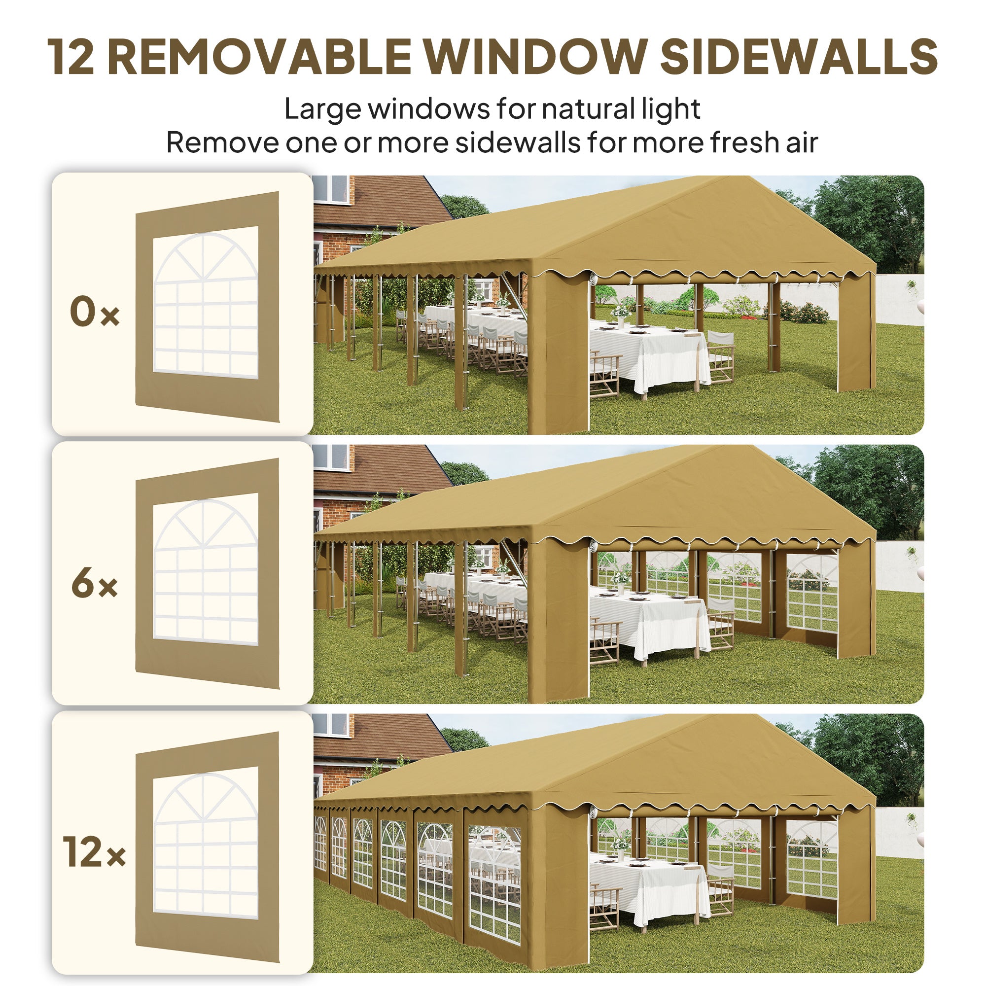 20' x 40' Party Tent, Outdoor Canopy Tent with Removable Sidewalls, 12 Windows for Parties, Wedding, Events, BBQ, Brown