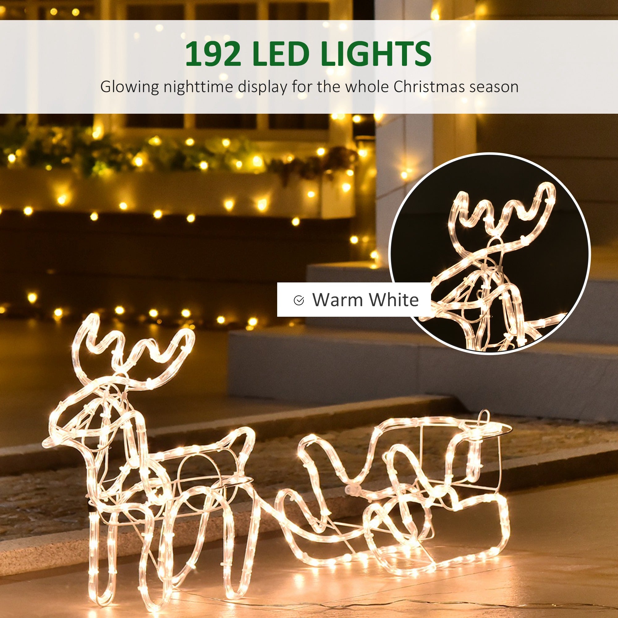 35" Christmas Reindeer and Sleigh with LED Motif Warm White Lighting, Indoor Outdoor Steel Frame Yard Decoration