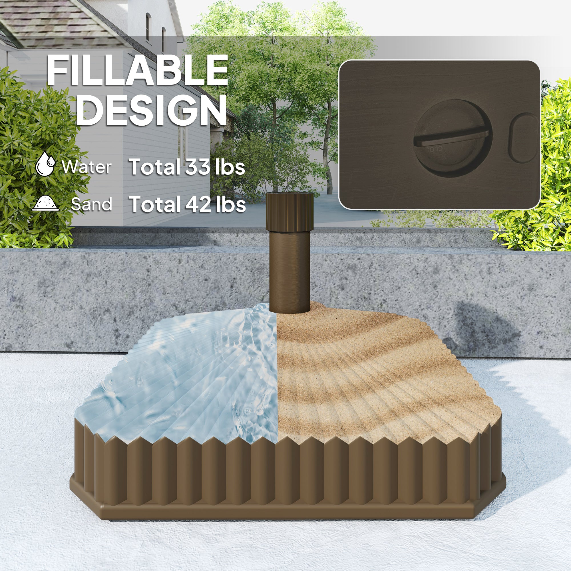 Square Patio Umbrella Base Holder, Heavy Duty Outdoor Umbrella Stand Base, Filled Up to 42lbs with Sand or 33lbs with Water for Garden, Poolside, Brown