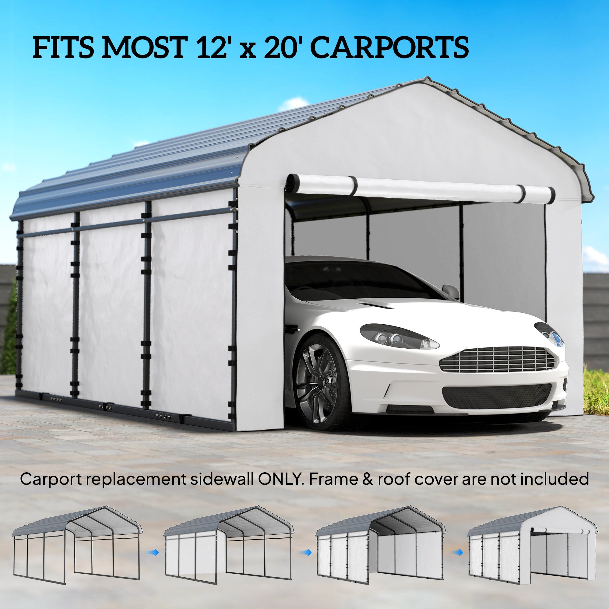 Carport Replacement Sidewall Panel for 12' x 20' Carports, UPF50+ Waterproof Replacement Side Wall Cover, White