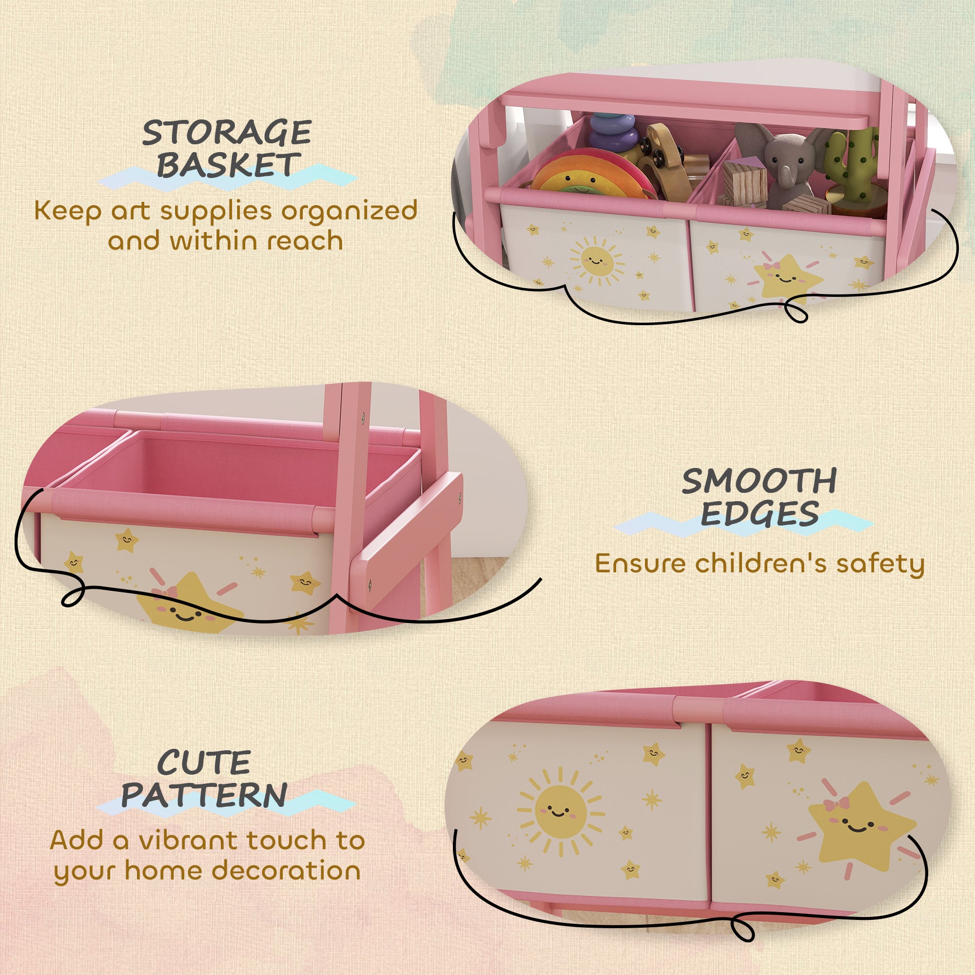 Art Easel for Kids, Double-Sided Whiteboard & Chalkboard with Paper Roll, Storage Baskets for Toddlers Ages 3-8, Pink