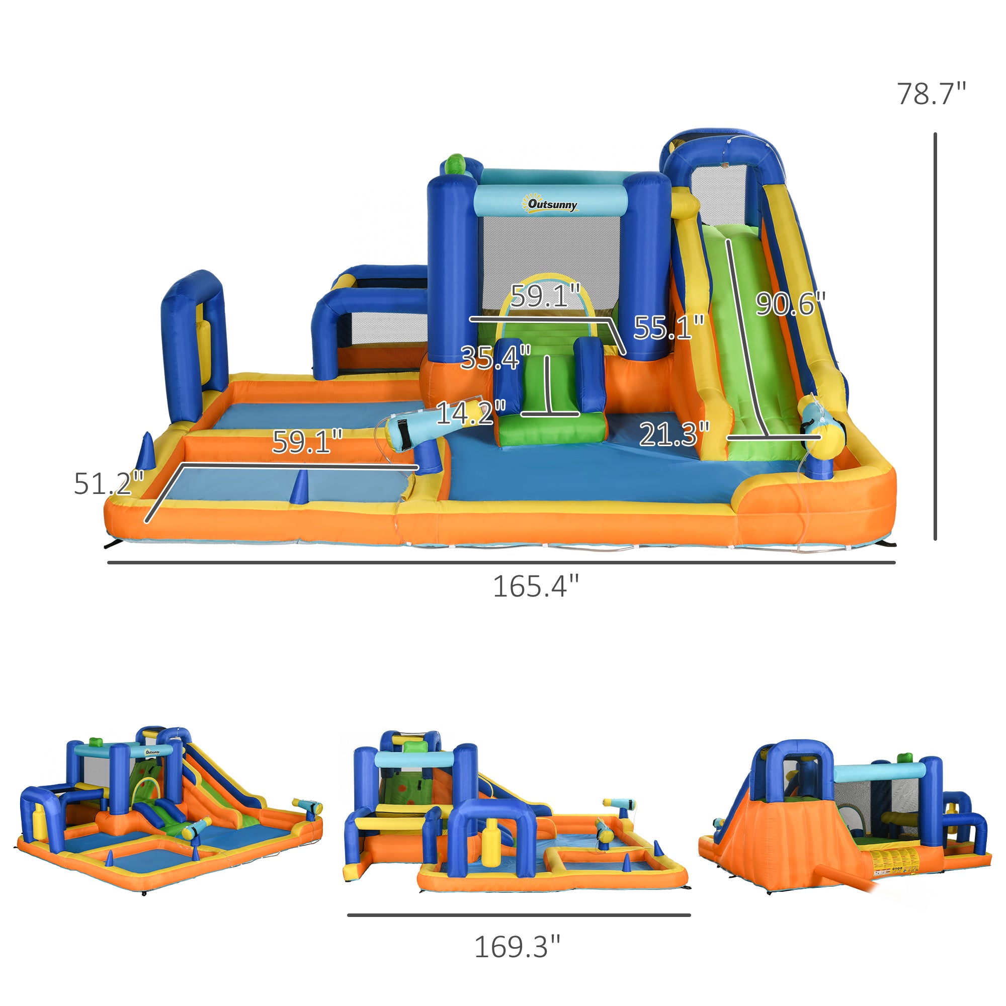 7 in 1 Water Slide w/ Slide Pool Climbing Wall Water Cannon Basketball Hoop Boxing Post Football Stand for 3-8 Years