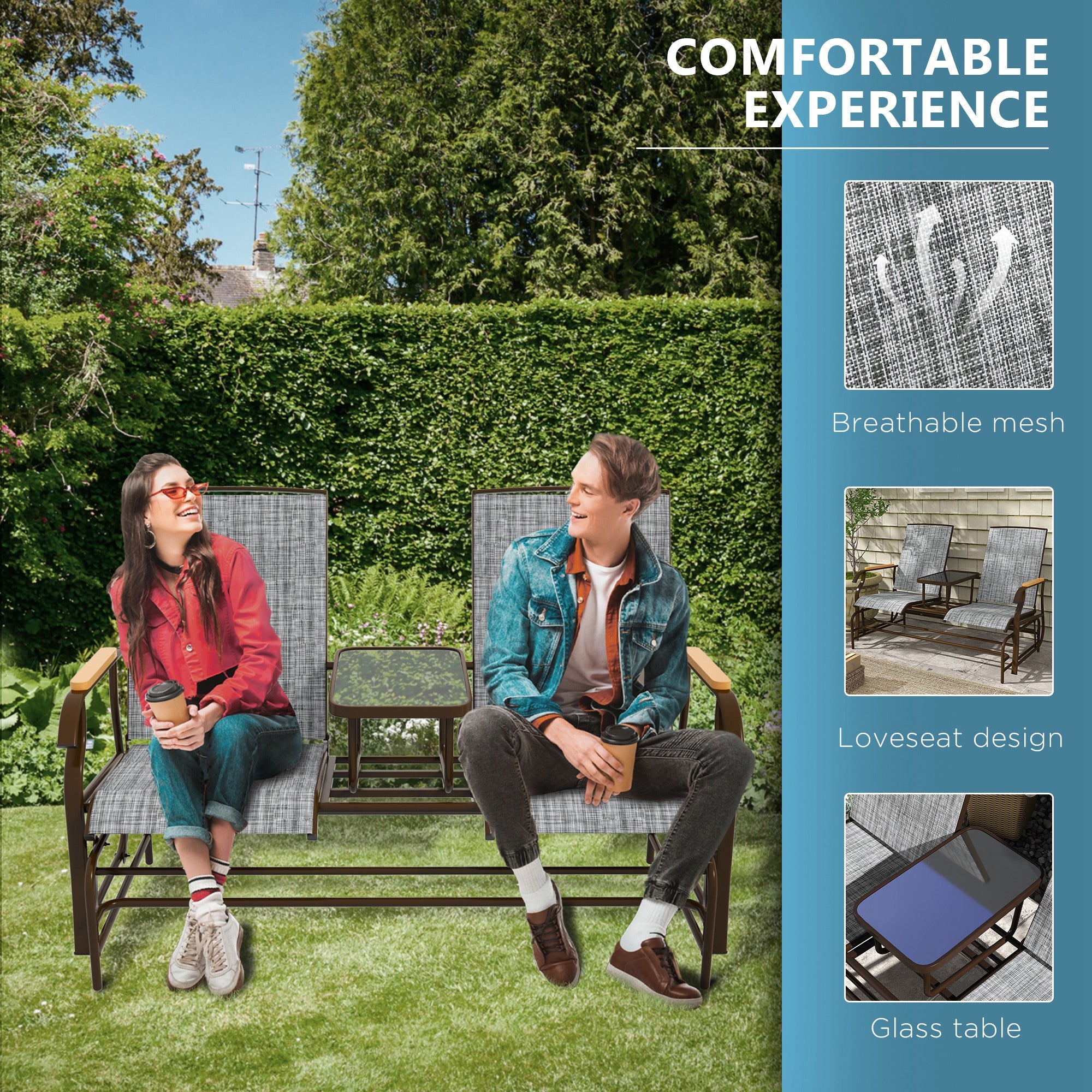 Outdoor 2-Person Glider Bench, Outside Glider Swing Chair Loveseat with Table, Steel Frame, Gray