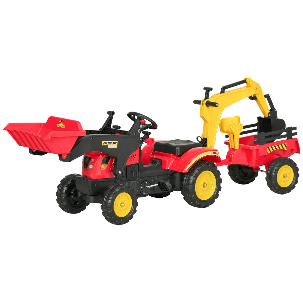 3 in1 Kids Ride On Bulldozer Excavator Toy with 6 Wheels Controllable Cargo Trailer Easy Pedal Controls for 3-6 Years