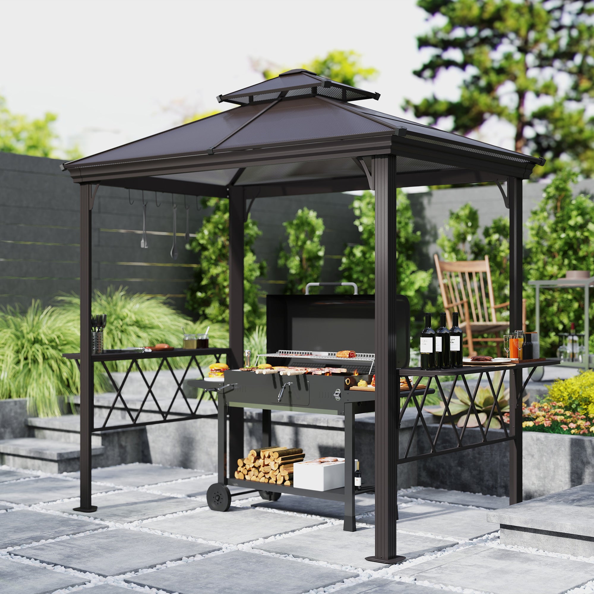 Outside Porch BBQ Cooking Pergola Canopy with 6 Hooks for Utensils and Double Venting Roof, Coffee