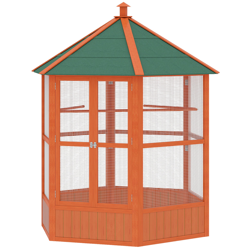 69" Wooden Hexagonal Outdoor Aviary Flight Bird Cage With Covered Roof, Brown
