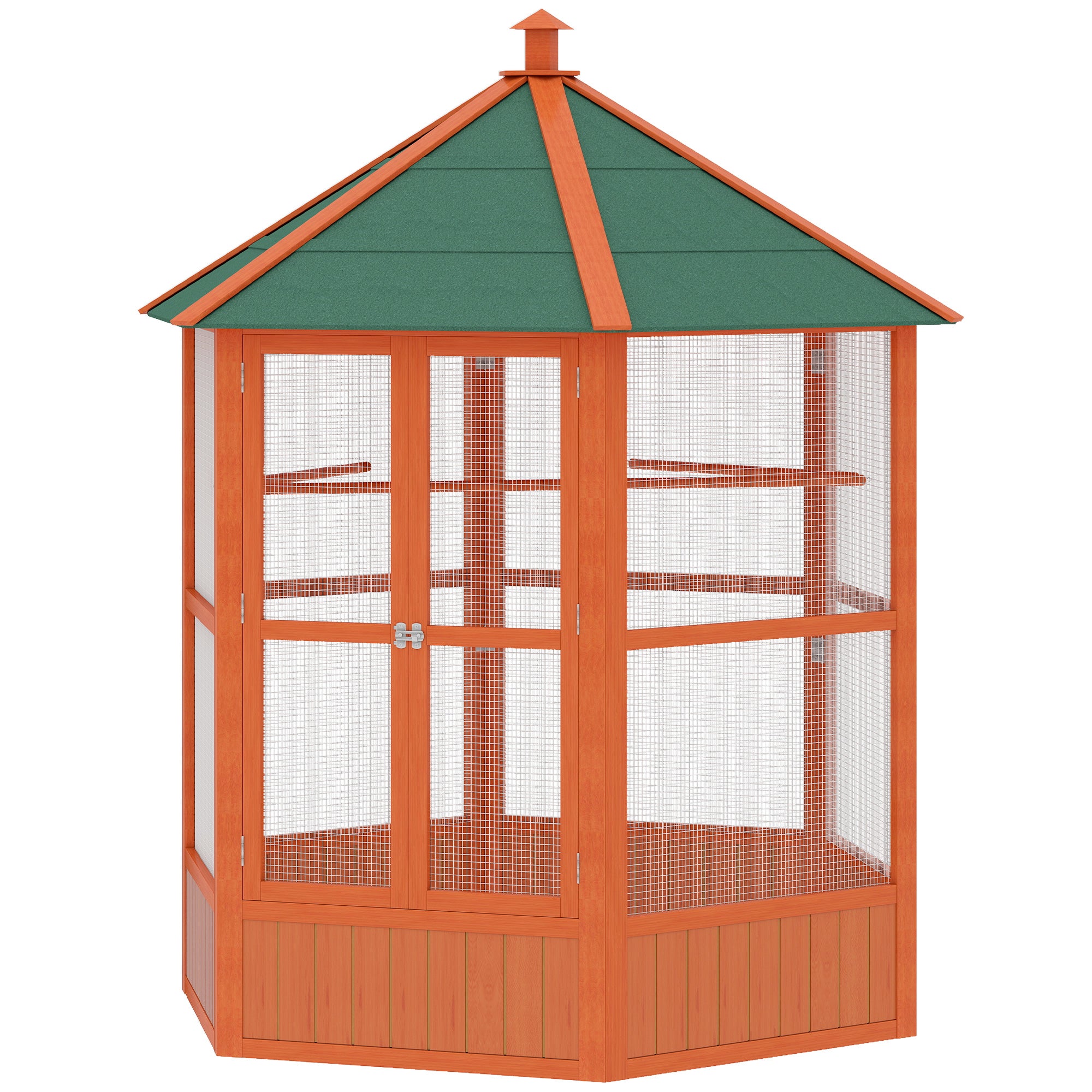 69" Wooden Hexagonal Outdoor Aviary Flight Bird Cage With Covered Roof, Brown