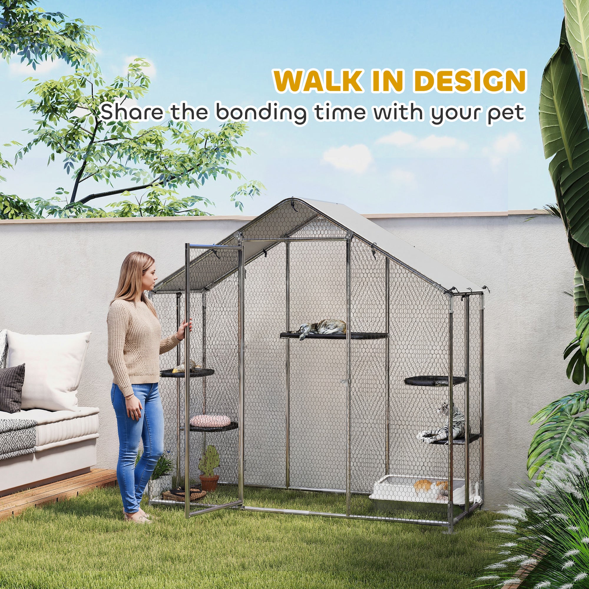 Large Catio Outdoor Cat Enclosure with Waterproof Cover, Walk-in Cat Patio w/ 5 Adjustable Platforms & Hammock