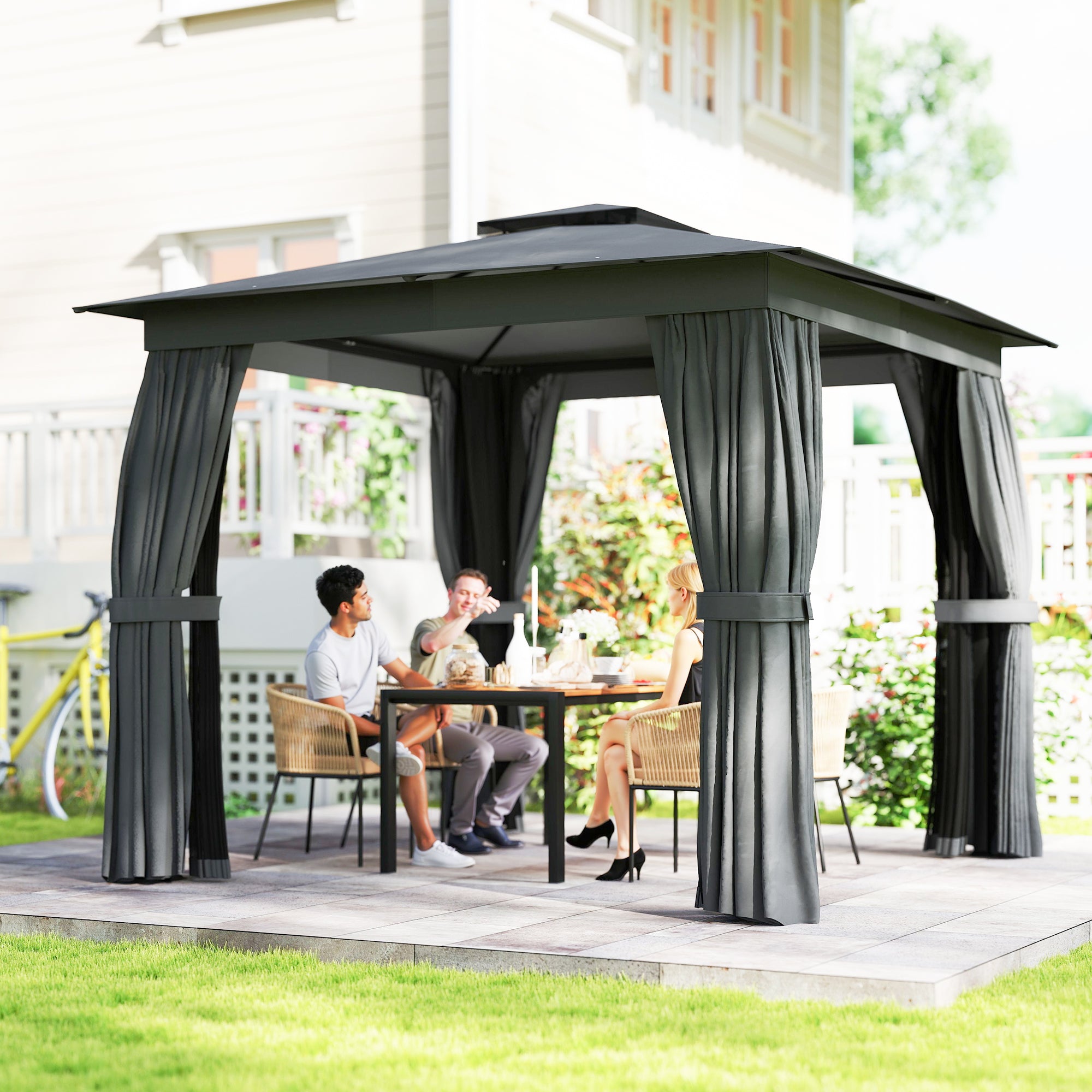10' x 10' Outdoor Patio Gazebo, Soft Top Gazebo Canopy Shelter with Curtains, Netting, Steel Frame, Hook, Dark Gray