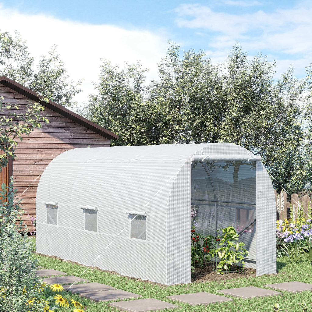 15' x 7' x 7' Walk-In Tunnel Greenhouse, Large Garden Hot House Kit with 6 Roll-up Windows & Roll Up Door, Steel Frame, White