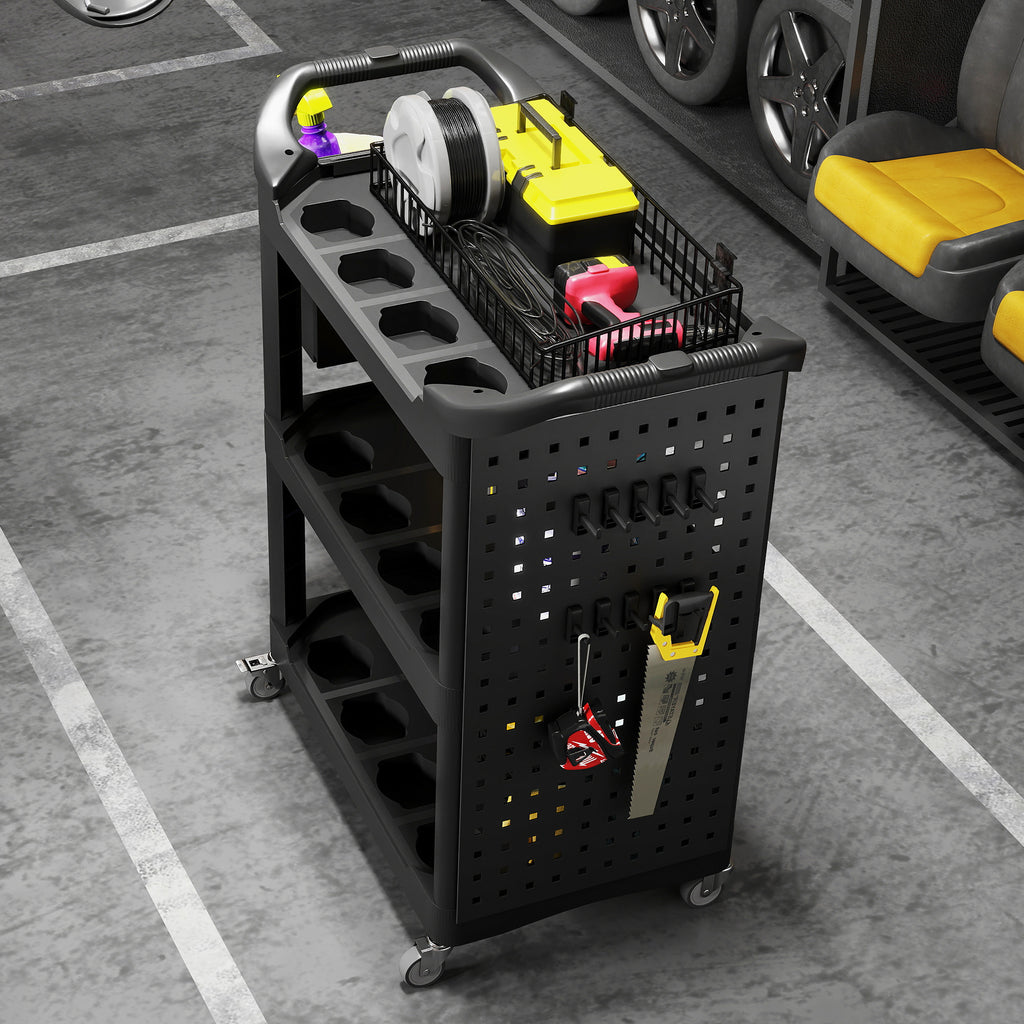 3-Tier Rolling Tool Cart, 200 LBS Capacity Plastic Utility Cart with Side Shelf and Storage Bucket, Black